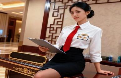 华纳万宝路公司客服双人比心手势礼宾在红灯笼宴会厅合影服务
